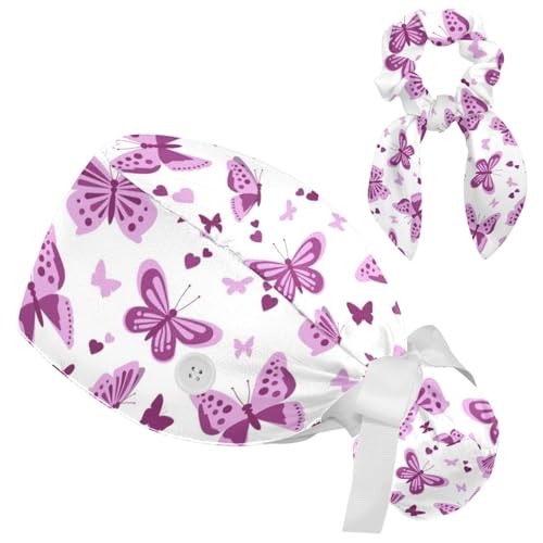 Image of Colored Butterflies Scrub Caps Women, Adjustable Working Cap with Button, Surgical Caps with Bow Hair Scrunchy