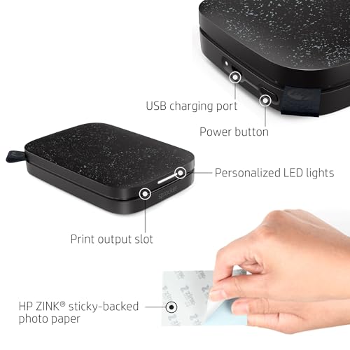HP Sprocket 2x3" Instant Smartphone Photo Printer - Portable Color Wireless Mobile Printer - Zink Sticky-Back Photos - Print from Compatible iOS & Android Devices with Bluetooth w/Fun App - Black