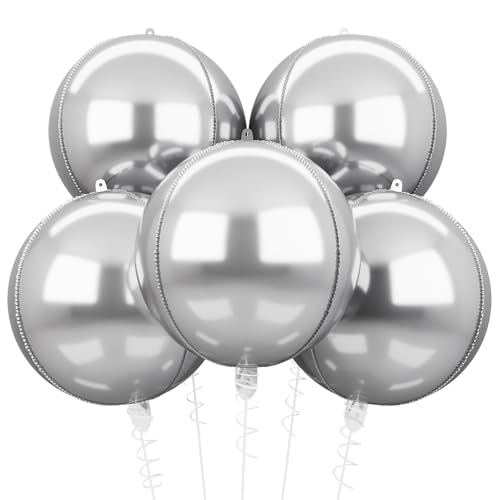 HILAVO Silver Foil Balloons, 5PCS New Year Balloon Decorations 22in Large 4D Round Silver Mylar Balloons Metallic Silver Balloon for Baby Shower Graduation New Year Birthday Party Decorations