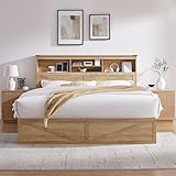 ACCOHOHO Queen Bed Frame with 52' Headboard and 4 Drawers,LED Light,Charging Station,Solid Wood Slats Support,No Box Spring Needed,Natural Oak