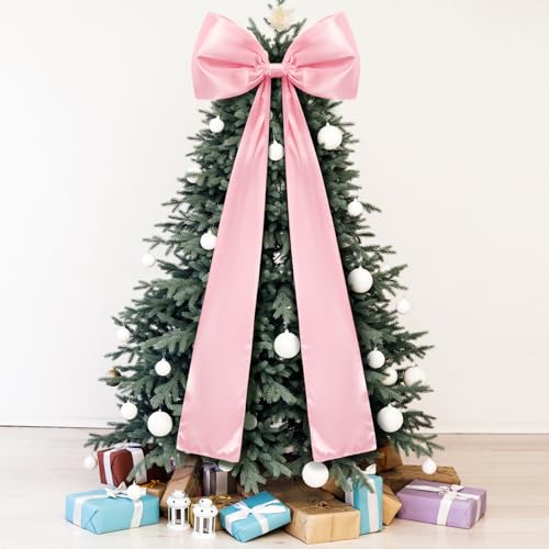 Daifunli 20 x 47 Inches Extra Large Christmas Satin Bows Christmas Tree Topper Decorations Giant Xmas Tree Toppers Bows for Home Wreath Wall Holiday Birthday Wedding Engagement Party Decor(Pink)
