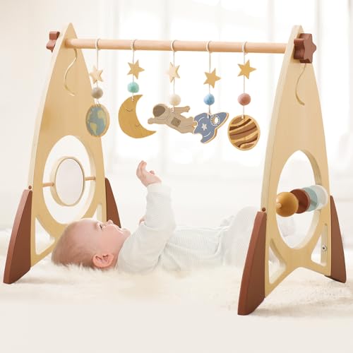 Image of Etucdose Wooden Rocket Baby Play Gym | Adjustable Height Playmat Activity Gym for Girls and Boys | Space Theme Baby Wooden Toys Hanging with 5 Pieces