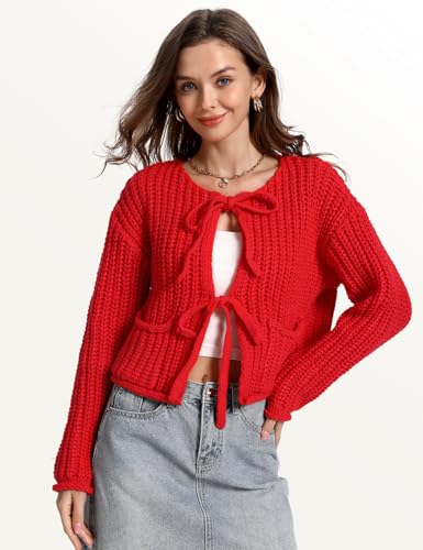 Image of Yimoon Womens Tie Front Chunky Cardigan Sweater Cropped Long Sleeve Open Front Cardigan Knit Trendy Sweater Tops (Red-M)
