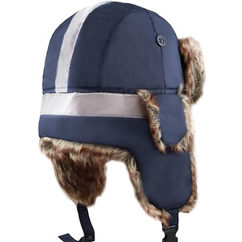 Image of Faux Fur Safety Reflective Aviator Trapper Hat Snow Ski Trooper Winter Cap