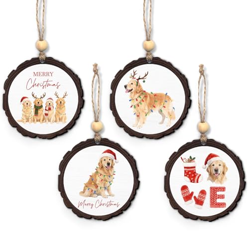 IRTAGANNY Golden Retriever Merry Christmas Wooden Hanging Ornament, Golden Retriever
