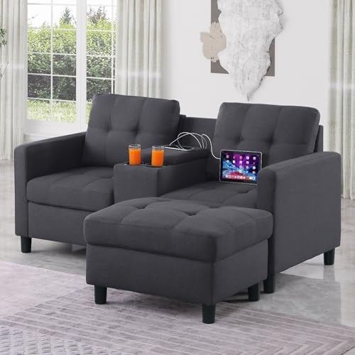 Modular Sectional Sofa with Removable Ottoman & Storage Console - Reconfigurable Linen Couch with...