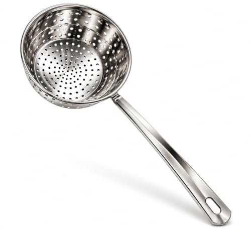 Image of 304 Stainless Steel Cooking Skimmer Jhara with Long Handle, Heavy Duty Spider Strainer Slotted Spoon for Deep Frying, Oil Draining, Pasta, Noodles, Poached, Pakora, Puri & Fries Cooking (Set 1)