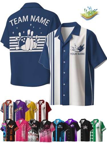 Farbely Camicie da Bowling retrò Personalizzate con Bottoni per Uomo e Donna, Design a Contrasto con Il Nome della Squadra per Squadre di Bowling