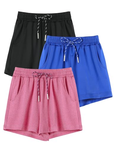 Girls Athletic Shorts, 3 Pack Casual Soft Girls Running Soccer Dry-Fit Shorts with Pockets for Kids Teens, 4-16Y