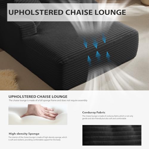 Image of 67 Inch Oversized Chaise Lounge Chair Indoor, Corduroy Upholstered Boneless Sofa Bed, Deep Seat Sleeper Couch Reading Chairs, Cloud Sofas Couches for Living Room, No Assembly Required (Black)