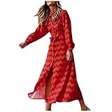 Women Dress, Women's Fall Clothes Chiffon Dress Long Sleeve Wrap Maxi Dress Women's Autumn Striped Print Tie Button Bohemian Split Dress Lace Jersey Knit Dress Maxi (M, Red)