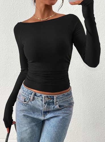 PRETTYGARDEN Long Sleeve Shirts for Women 2025 Fall Ruched Sides Boat Neck Basic Tee Casual Fitted Ribbed Knit Crop Tops
