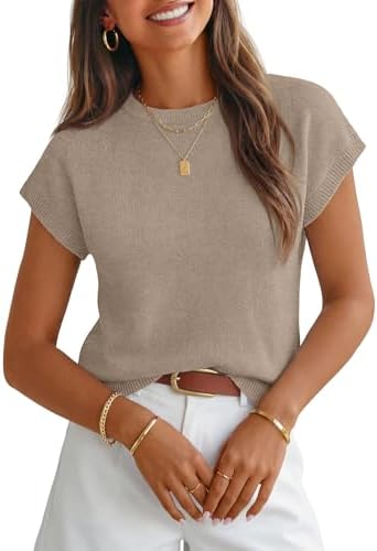 MEROKEETY Women's Fall Short Sleeve Sweater – Cute Work Top in Solid Oatmeal, Size M