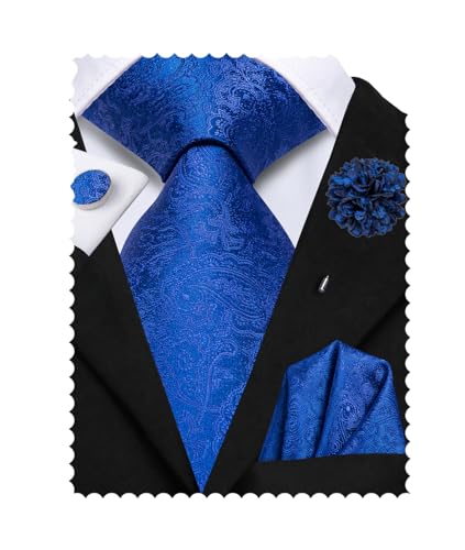 Image of Hi-Tie Paisley Royal Blue Ties for Men Solid Silk Jacquard Tie and Lapel Pin Pocket Square Cufflinks Sets Formal Business Wedding
