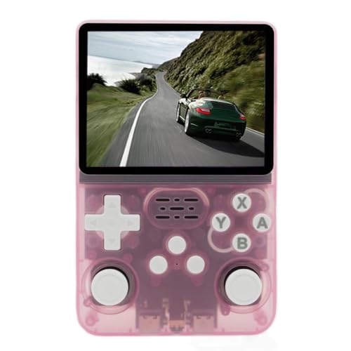 R36S レトロハンドヘルドゲーム機 10以上のシミュレータ、64GB TFカード、Linuxシステムをサポート、オープンソースシステムと3.5インチ IPSスクリーン、ミニビデオコンソール、デュアル3Dジョイスティック (透明ピンク)