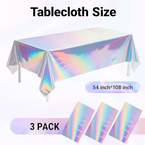 Image of Childom 3 Pack Iridescent Tablecloth,54 inch x 108 inch Birthday Party Tablecloths Iridescence Plastic Disposable Table Covers Iridescent Party Decorations,Plastic Tablecloth for Buffet Table,Birthday Decors