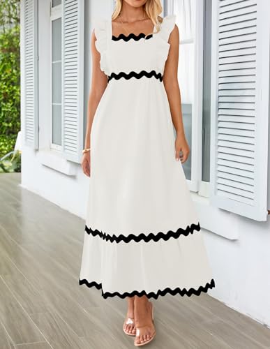 ZESICA Women's Summer Sleeveless Ruffle Dresses Square Neck Backless Boho Flowy Maxi Sundress with Pockets2