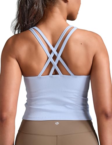 Image of HeyNuts Zeal Bras Longline Ribbed Medium Support Sports Bras, Crisscross Back Tank Tops with Removable Pads A-D Cups