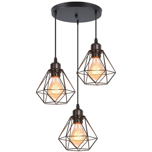 TOKIUS Lámparas de Techo Diseño de Jaula de Hierro Negro Ø 16cm Vintage Lámpara Colgante Iluminación de Techo de Interior para Pasillo Porche Cocina Dormitorio (Colgante 3 Luces A)