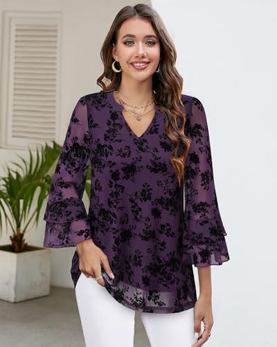 Womens Blouses Dressy Casual 3/4 Tiered Bell Sleeve Tops Double Layered Mesh V Neck Shirts3