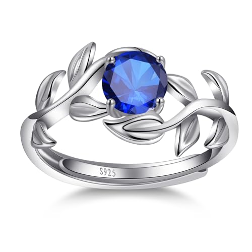 Adjustable Women Leaf|Wheat Grain|Filigree Ring 925 Sterling Silver Created Ruby|Sapphire|Cubic Zirconia Engagement Ring for Women Promise Wedding Ring Anniversary Valentines Open Size 5-9