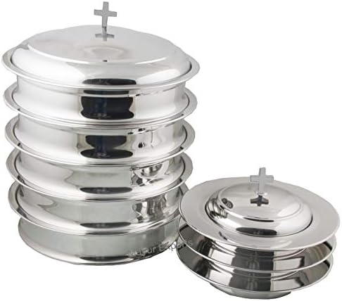 Mayur Exports Communion Ware 5 Holy Wine Serving Trays with A Lid & 3 Stacking Bread Plates with A Lid - Stainless Steel (Mirror/Silver)