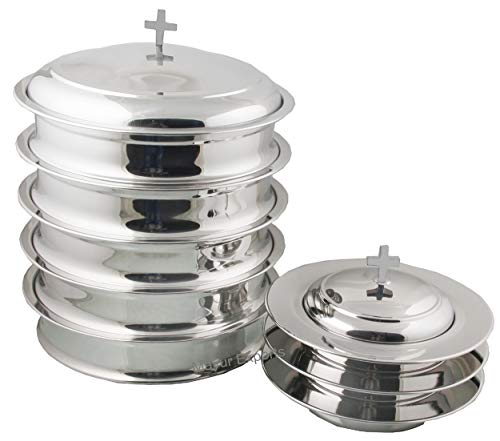 Mayur Exports Communion Ware 5 Holy Wine Serving Trays With A Lid & 3 Stacking Bread Plates With A Lid - Stainless Steel (Mirror/Silver) #TOP17