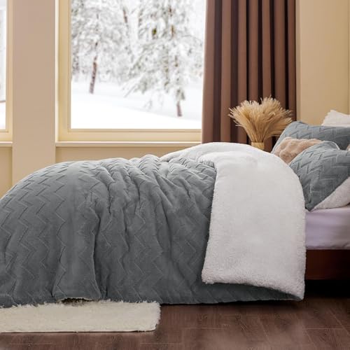 Image of BEDELITE Fluffy Sherpa California King Comforter Set,Grey | Super Soft & Warm Fleece Bedding, Luxury Fuzzy Comforter for Winter, Heavy Plush Bedding Set,2 Pillowcases