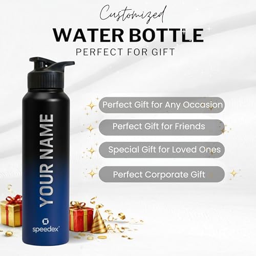 Image of Speedex Customised Stainless Steel Water Bottle 1 Ltr with Name - Personalised Engraved Sipper Cap Bottle for Kids, Men & Women, School, Gym, Office Black Blue, Set of 1