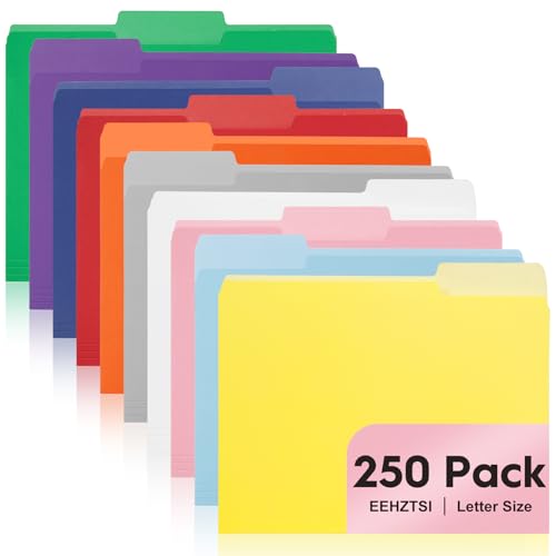 EEHZTSI 250-Pack Color File Folders, 1/3 Cut Tab, Assorted 10 Colors Letter Size Manilla Folder for School/Office/Classroom