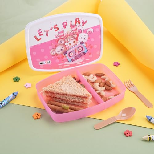 Image of Nayasa Witty Deluxe Mini 2 Compartment Lunchbox | BPA Free and Food Grade Plastic Tiffin | Cute Cheerful Animal Print | 450 ML | Pink