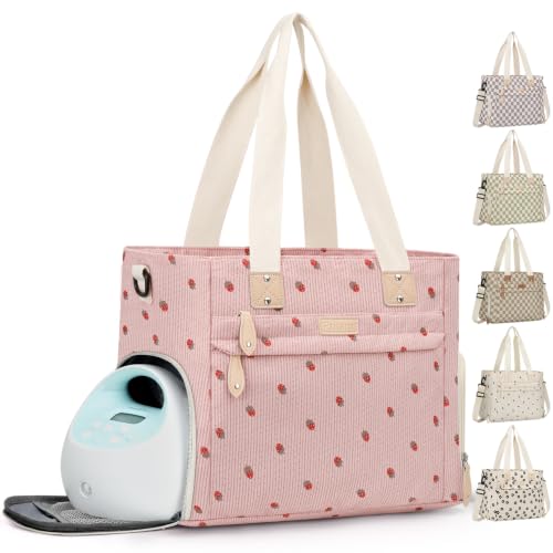 Image of Pritent Diaper Bag Tote for Working Mom, Large Travel Diaper Tote for Mom and Dad with 14 Inch Laptop Sleeve, Mommy Maternity Travel Baby Bag for Boys and Girls, Pink strawberry