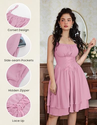 Image of Scarlet Darkness Corset Mini Sundress Chiffon Homecoming Dress for Women | Slim Straps, Ruched Neckline, Lace-Up Front, Layered A-Line, for Graduation Cocktail Party, Fairy Costume with Pockets