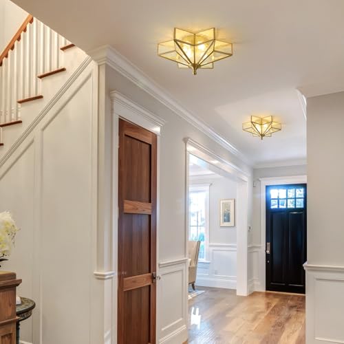 Image of Star Brass Ceiling Light - 12.2 In Small Gold Hammered Glass Flush Mount