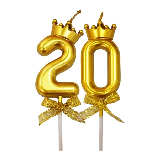 Image of 2 Pc 20 Number Candle for Birthday Cake Metallic Gold Number Candle with Crown on Top for Anniversary Cake Topper 20th Birthday Cake Decoration (Pack of 2, Gold).