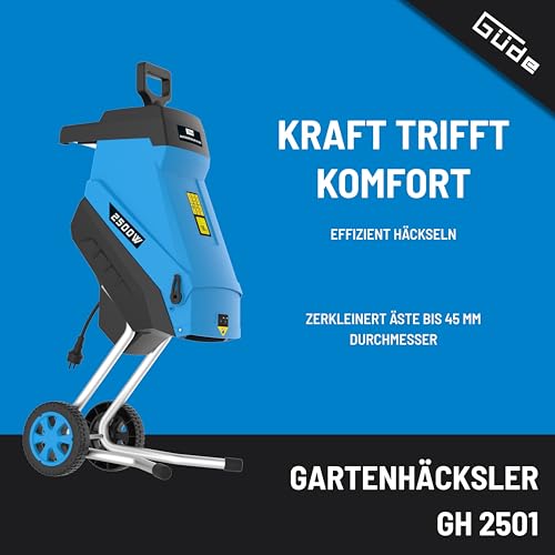 Güde vrtna sjeckalica GH 2501 (2500 W, tehnologija noža, malo održavanja, samozatvaranje, transportni kotači, zaštita od preopterećenja, maks. debljina grana 45 mm, uključujući vreću za sakupljanje od 45 L i pomoć za hranjenje)