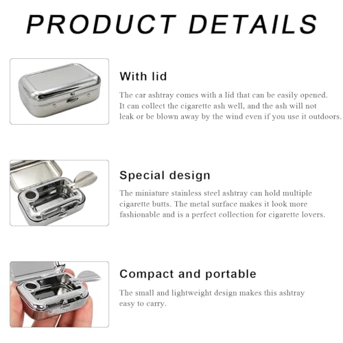 Image of Mini Portable Ashtrays, Metal Pocket Dustproof Car Ash Tray with Lid, Compact Square Windproof Car Cigar Ashtrays, Decorative Cigarette Snuffers Ashtray for Car Home Office (Silver)