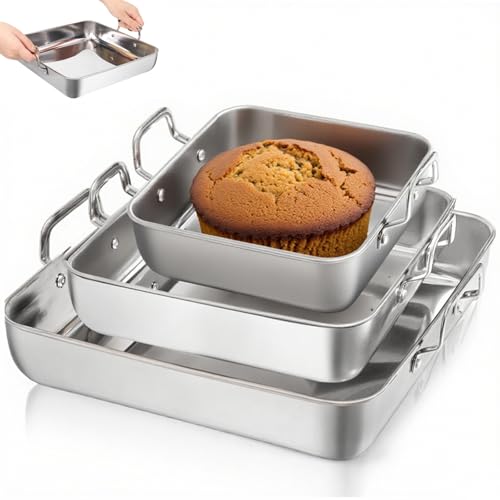 Tebery Juego de 3 moldes cuadrados para pasteles, moldes profundos de acero inoxidable con asa, antiadherentes para lasaña y brownies, juego de utensilios resistentes para hornear para cumpleaños