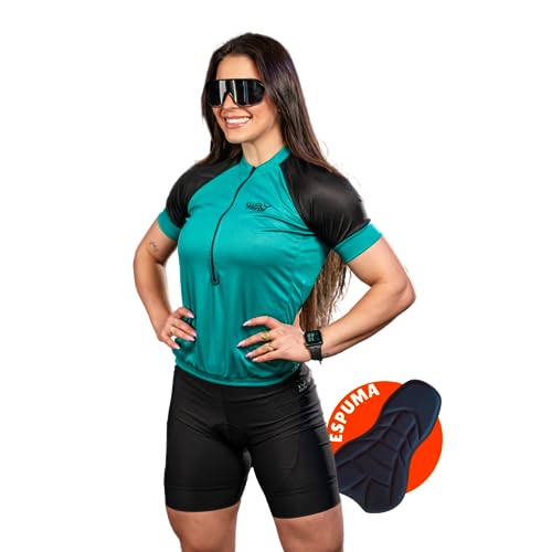 Kit de Ciclismo Feminino Camisa e Bermuda Com Forro em Espuma (Verde Capri, G)