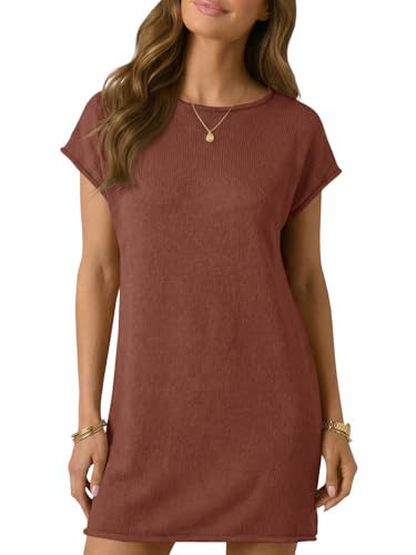 Wenrine Womens Summer Mini Dress Casual Knitted Short Cap Sleeve