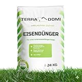TerraDomi Eisendünger 24kg für ca. 1000m² | Turbo-Dünger abgestimmt auf Rasenflächen mit Moos | Granuliert, streuwagengeeignet und staubfrei