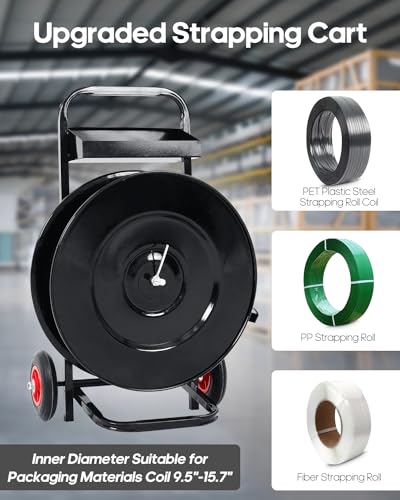 FAHKNS Strapping Cart, Heavy Duty Banding Cart Banding Wheel, Black Deluxe Steel Strap Dispenser for PET Strapping Roll/PP Strapping Roll Coil with 50 Packing Buckle Free