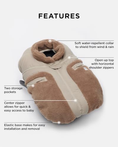 7AM Enfant Car Seat Covers - Cocoon Baby Cover for Boys & Girls, Rain & Snow Repellent, Breathable Windproof, Center Zipper, Universal Fit for Infant Car Seat (0-12M) (Oat, Applique Cacao) — view 5