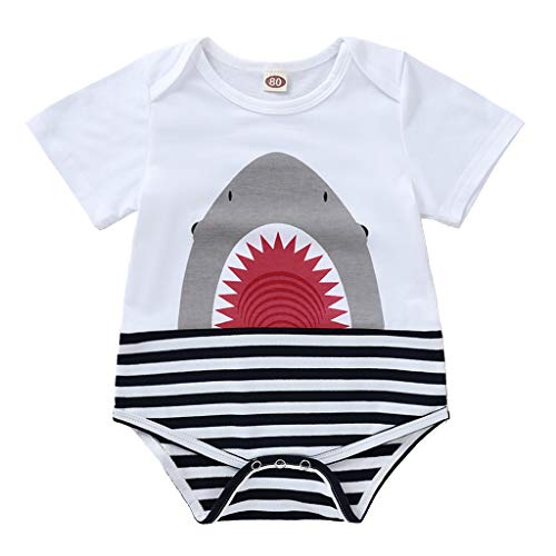 Newborn Baby Boys Girls Romper Shark Print Outfit Short Sleeve Bodysuit Onesie Jumpsuit Cotton Clothes (3-6 Months, White Romper)