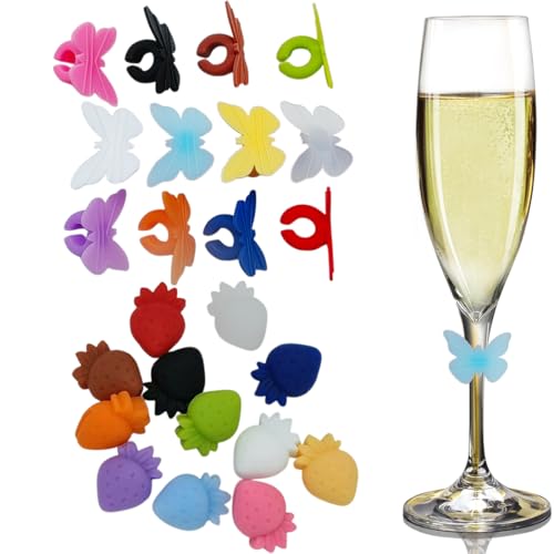 24 Pièces Marque Verre à vin,Marqueur Silicone De Verre,Marqueurs de verres à vin réutilisables Marqueurs,Marqueurs Colorés pour Verres à Vin,pour Verre à Champagne, Verre à Cocktail,Style 2
