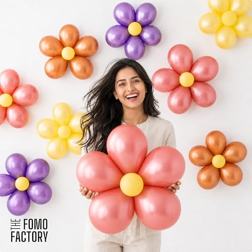 Image of The FOMO Factory Flower Balloon Clips (8 Pcs) + 50 Pcs Metallic Chrome Balloons + Free Curling Ribbons Set | Easy Party Decoration kit for Birthday, Baby Shower, Wedding, Mom Birthday (ClassicFC)