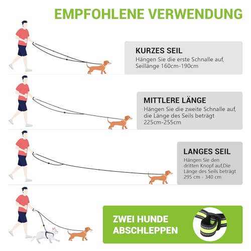 Hundeleine für große und mittelgroße Hunde - Verstellbare Doppelleine aus Nylon mit 2 Karabinerhaken und 3 Ringen - 3m x 15mm (Fluoreszierendes Grün)