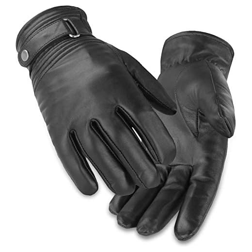 normani BW Bundeswehr Lederhandschuhe gefüttert für Damen und Herren mit Fleecefutter und Lederriemen am Handgelenk Farbe Dunkelschwarz Größe M