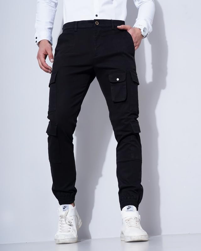 Image of British Club 98% Cotton, 2% Elastane Slim Fit Cargo Jogger Pants | Flat-Front Design | Adjustable Waistband | Multiple Pockets | Lightweight Fabric | Modern Style | Comfortable | Durable Black