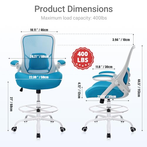 Image of HYLONE 400lbs Heavy Duty Drafting Chair 5 inch Thickened Seat Office Chair with Flip-Up Armrests Tall Ergonomic Computer Chair with Lumbar Support and Adjustable Footrest Ring Standing Desk Chair (Blue)